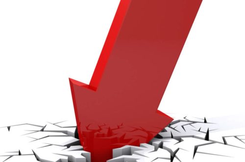 Economic Crisis. 3d red arrow breaking in crack hole. Business fall.