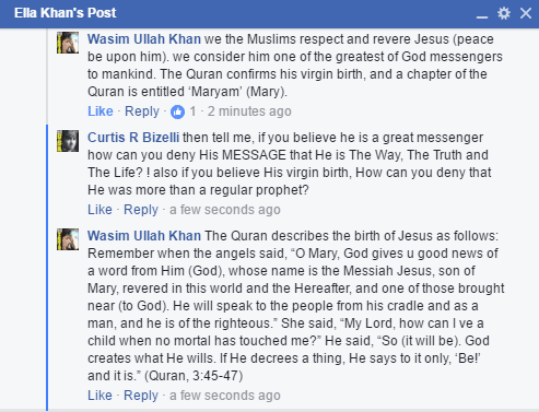 Screenshot - 6_23_2017 , 4_54_41 AM Muslim tries convincing me that Jesus was just a messenger by proving herself wrong where it says in her own book The Quran