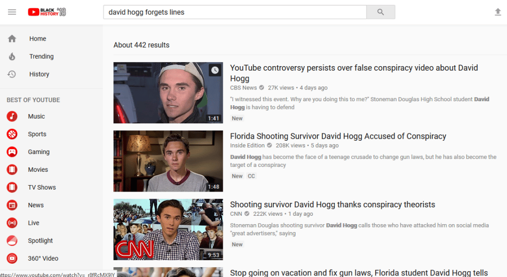 Screenshot - 2_27_2018 , 7_38_55 AM a look at a search for david hogg forgets lines on youtube bullshit