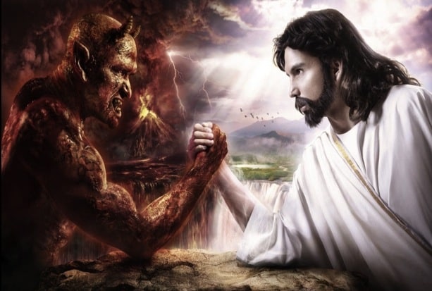 devil and Jesus arm wrestle