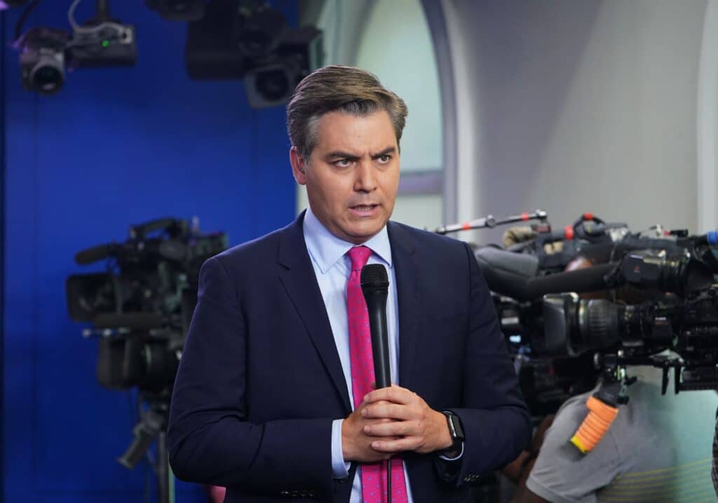 CNN chief White House correspondent Jim Acosta is seen before a briefing by White House Press Secretary Sarah Sanders in the Brady Briefing Room of the White House in Washington, DC on October 3, 2018. (Photo by MANDEL NGAN / AFP) (Photo credit should read MANDEL NGAN/AFP/Getty Images)