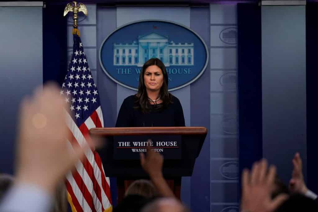 U.S. White House Press Secretary Sarah Huckabee Sanders holds the daily briefing at the White House in Washington