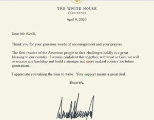 letter to Curtis Ray Bizelli from Mr. President Donald J Trump